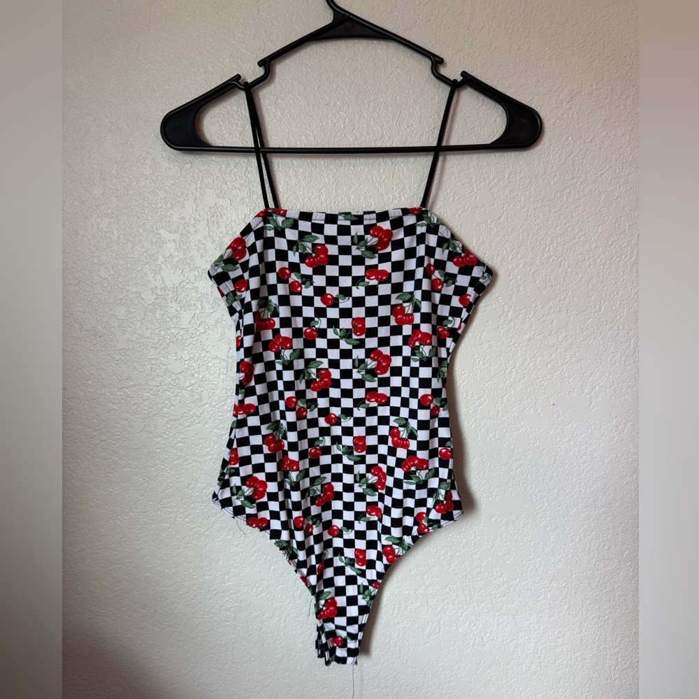 Rue21 Black and White Checkered Bodysuit with Red Cherry Print
